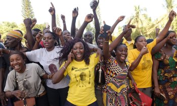 Jubilant Crowd outside of the supreme court of the Gambia in Banjul